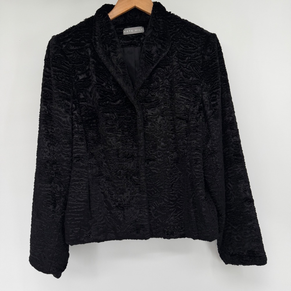Kate Hill Black Faux Fur Textured Jacket Faux Persian Lamb Coat Size 10 vintage